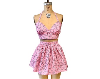 Julia 2 Piece Playsuit-1930's Pink Flowers Beach Bra and Skirt - Custom Made to Your Measurements