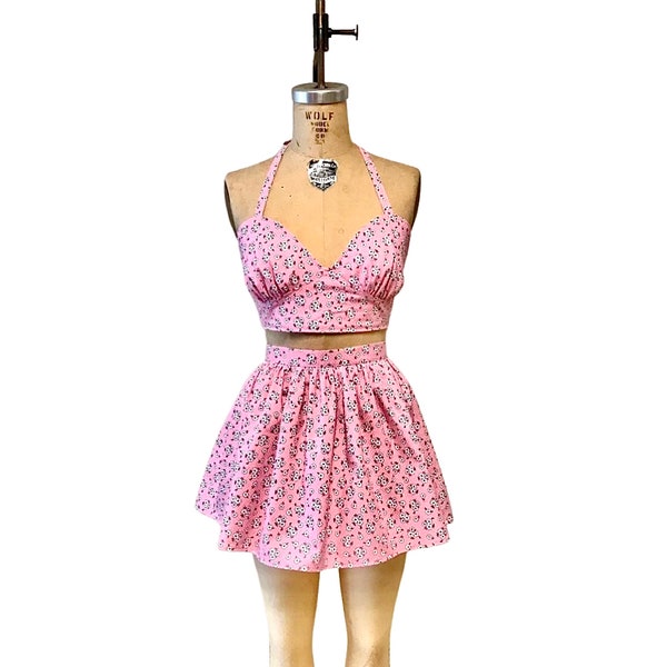 Julia 2 Piece Playsuit-1930's Pink Flowers Beach Bra and Skirt - Custom Made to Your Measurements