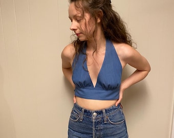 Betty Vintage 70s Denim Halter Top: Handmade Disco Tie Back - S/M