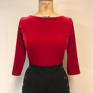 Retro Velvet Boat Neck Top: 1950s Style 3/4 Sleeve - Size M