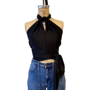 Patty Retro Vintage 70s  Halter Wrap Convertible Tie Top - Black - One Size Fits Most