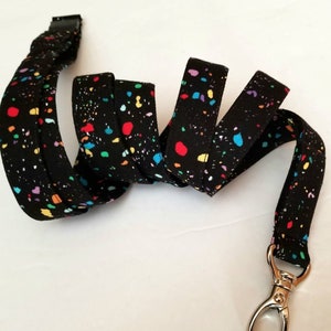 Extra Long Lanyard with Safety Breakaway in Multi Colored Splattering of Speckles on Black for Nurses