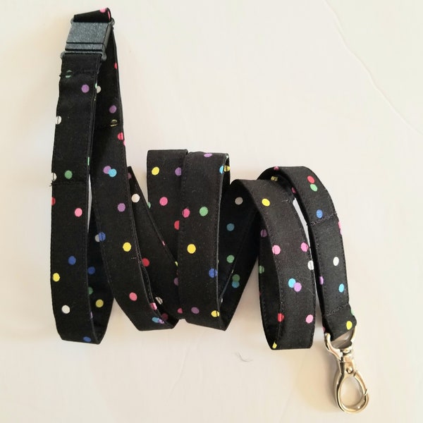 Extra Long Lanyard with Safety Breakaway in Multicolored Dots on Black for Nurses