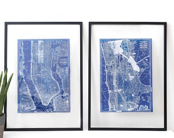 New York City Vintage Map Cyanotype Print Set / Manhattan & The Bronx / Wall Art /