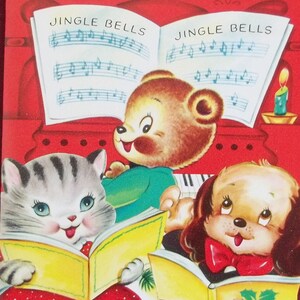 Vintage JINGLE BELLS Gato, oso, perro, Tarjeta de Navidad para niños para niños, Calcetín de relleno NOS sin usar con Juguetes