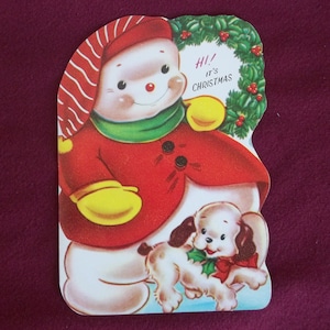 Tarjeta infantil vintage Hola, Navidad, muñeco de nieve, cachorro, para niños, sin usar, NOS, Recortar el árbol