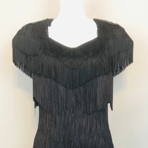 Vintage Petite Black Fringe Cocktail Dress with Sequin and Beaded Epaulets and Keyhole Back / Gatsby Fringe Dress