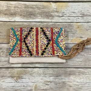 Vintage Boho Beaded Clutch / Tribal Beaded Pouch / Vintage Bohemian Hand Bag Purse