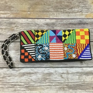 Abstract Patchwork Vintage Seed Bead Purse / Colorful Color blocking Beaded Pouch / Vintage Hand Bag Purse Clutch