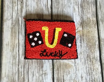 Vintage Inspired Lucky U Dice Beaded Coin Purse Embellished Pouch