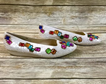 Vintage Sequin Jeweled Shoes, Caparros US SZ 7.5 Beaded 1980 Ballet Flat Shoes