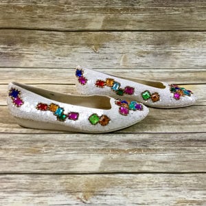 Vintage Sequin Jeweled Shoes, Caparros US SZ 7.5 Beaded 1980 Ballet Flat Shoes