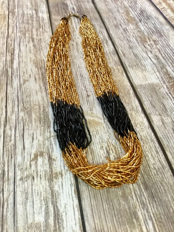 Black and Gold Multi Strand Vintage Glass Bugle B… - image 3