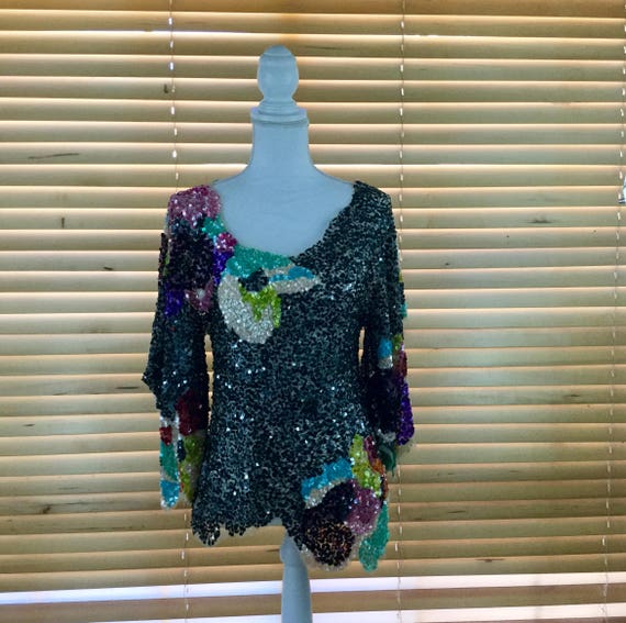 Black Sheer Floral Vintage Sequins Jeweled Top wi… - image 1