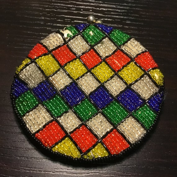 Vintage Harlequin Multicolored Beaded Coin Purse - image 2