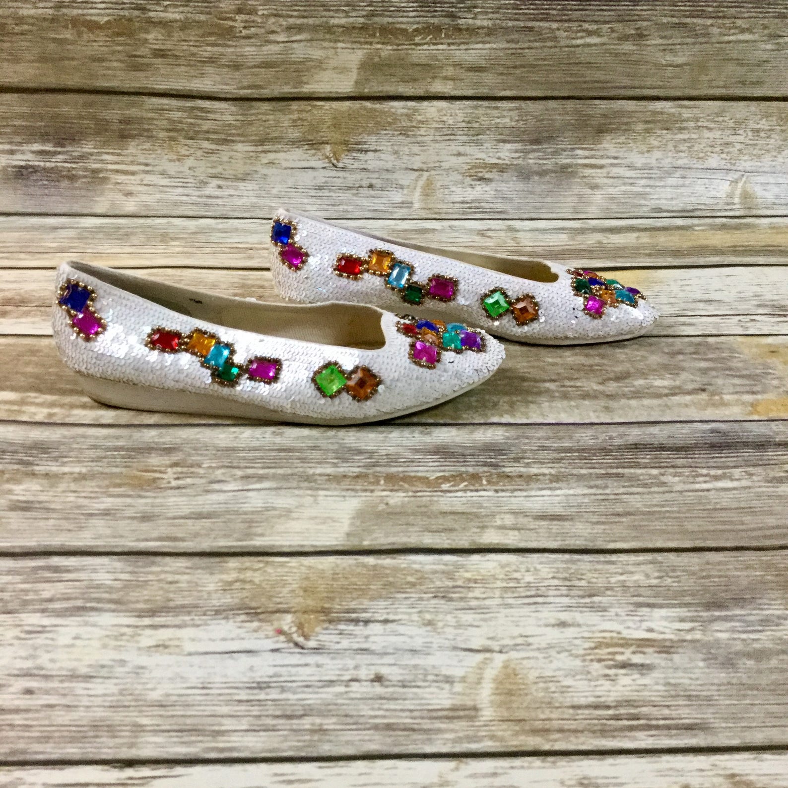 vintage sequin jeweled shoes, caparros us sz 7.5 beaded 1980 ballet flat shoes
