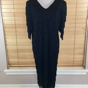 70s Vintage Black Long Multiple Layers Fringe Dress