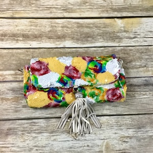 Vintage Floral Sequin Evening Purse / Clasp Pouch / Vintage Hand Bag Purse Clutch