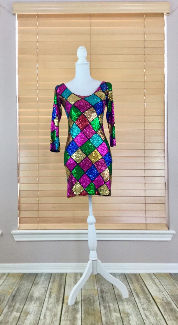 Vintage Rainbow Checkered  Sequins Evening Dress … - image 2