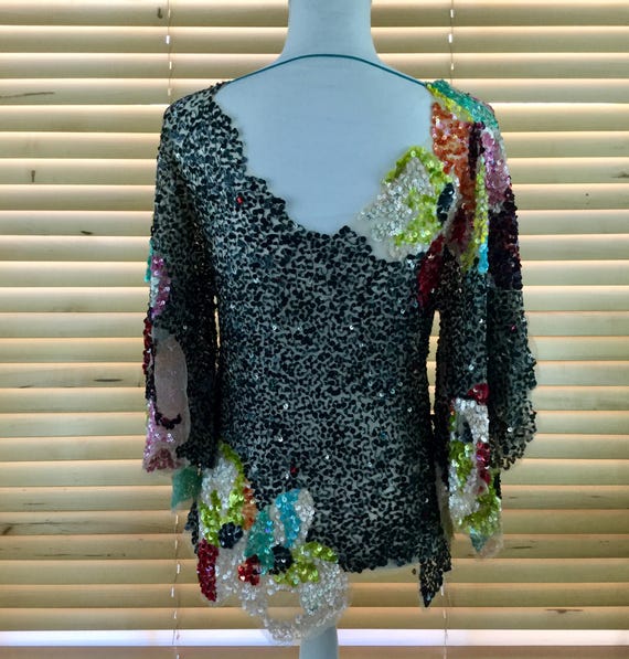 Black Sheer Floral Vintage Sequins Jeweled Top wi… - image 2