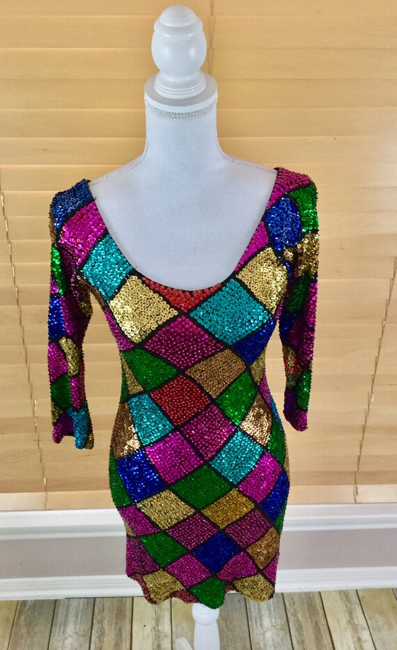 Vintage Rainbow Checkered  Sequins Evening Dress … - image 3