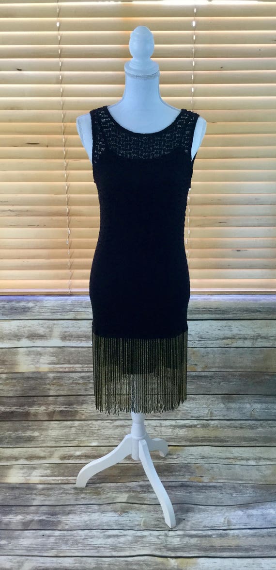 Vintage Black Lace Dress with Black and Gold Beade