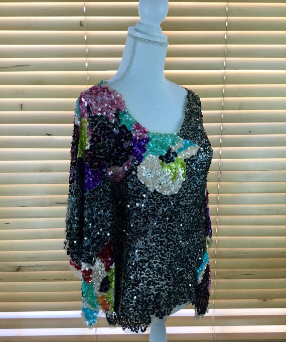 Black Sheer Floral Vintage Sequins Jeweled Top wi… - image 4