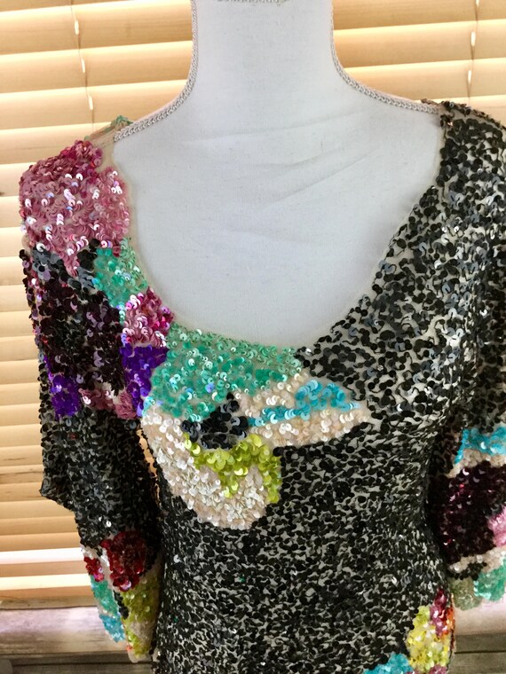 Black Sheer Floral Vintage Sequins Jeweled Top wi… - image 9