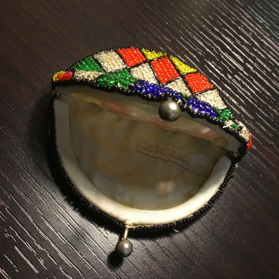 Vintage Harlequin Multicolored Beaded Coin Purse - image 4