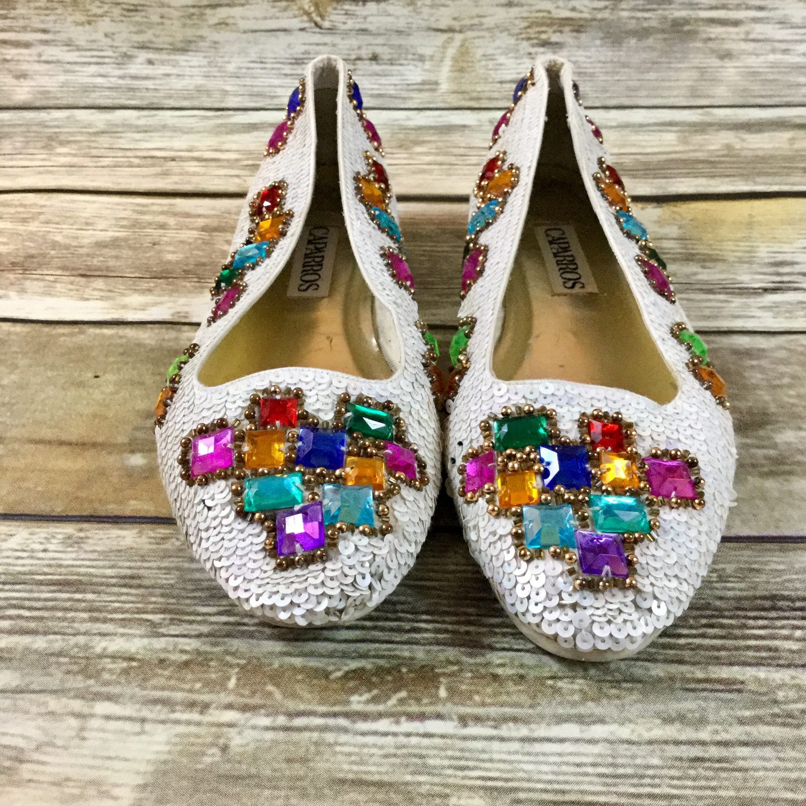 vintage sequin jeweled shoes, caparros us sz 7.5 beaded 1980 ballet flat shoes