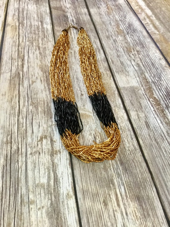 Black and Gold Multi Strand Vintage Glass Bugle B… - image 1