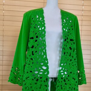 Bright Green Vintage Jessica Taylor Beaded Jacket / Coat with Swirl Cutouts