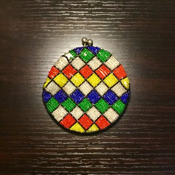 Vintage Harlequin Multicolored Beaded Coin Purse - image 1