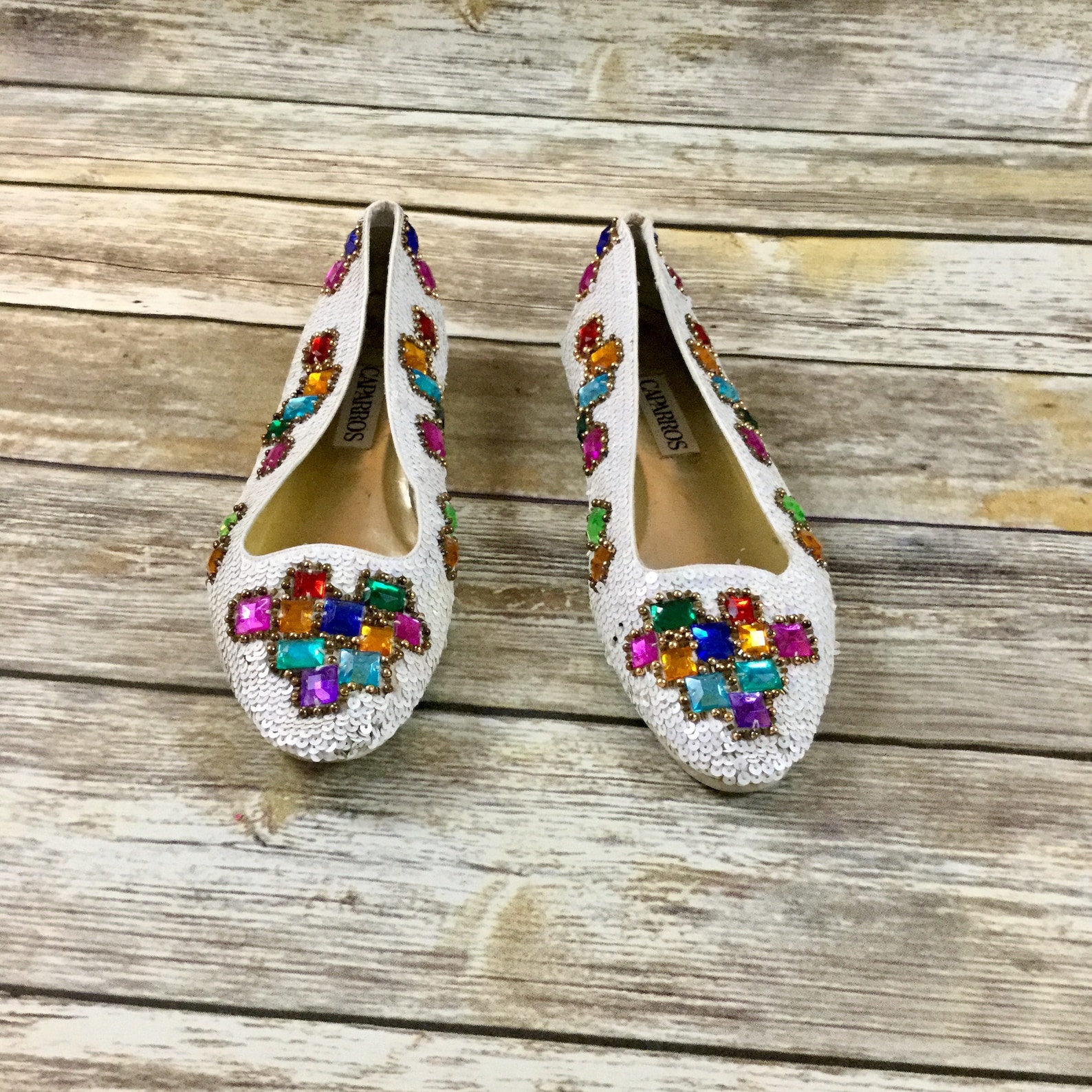vintage sequin jeweled shoes, caparros us sz 7.5 beaded 1980 ballet flat shoes