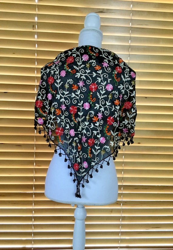 Vintage Scarf Embroidered  Floral with Fringe and 