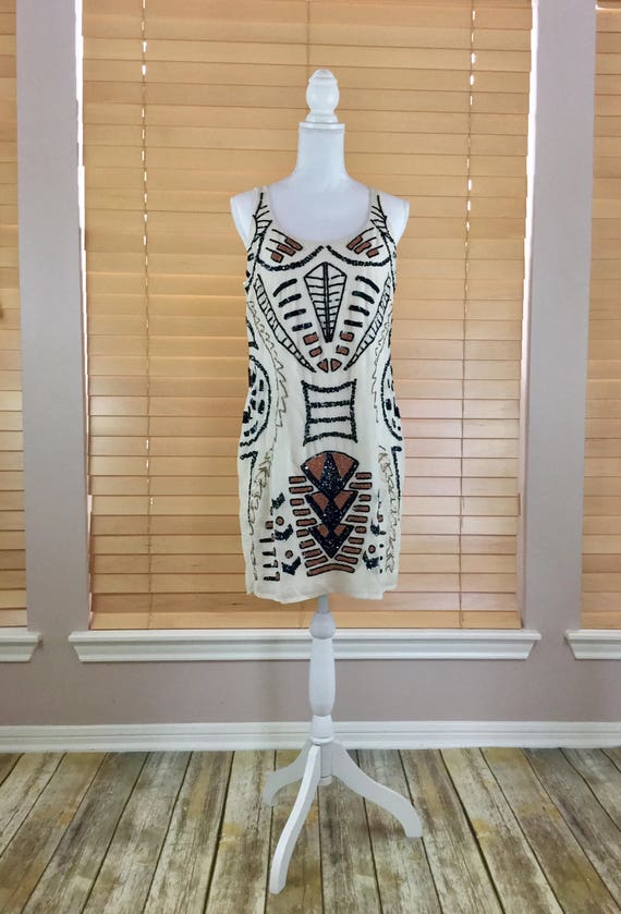White Sequins Beaded Aztec Geometric Tribal Dress