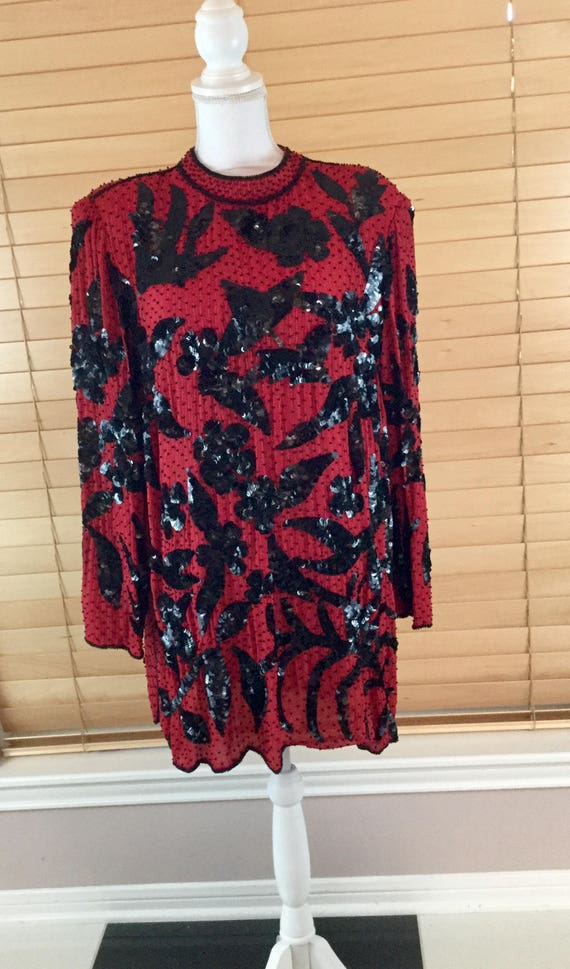 Red and Black Abstract Floral Vintage Sequin and B