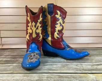 Chêne peint à la main très unique femmes taille 10 bottes western / cerf / longhorn