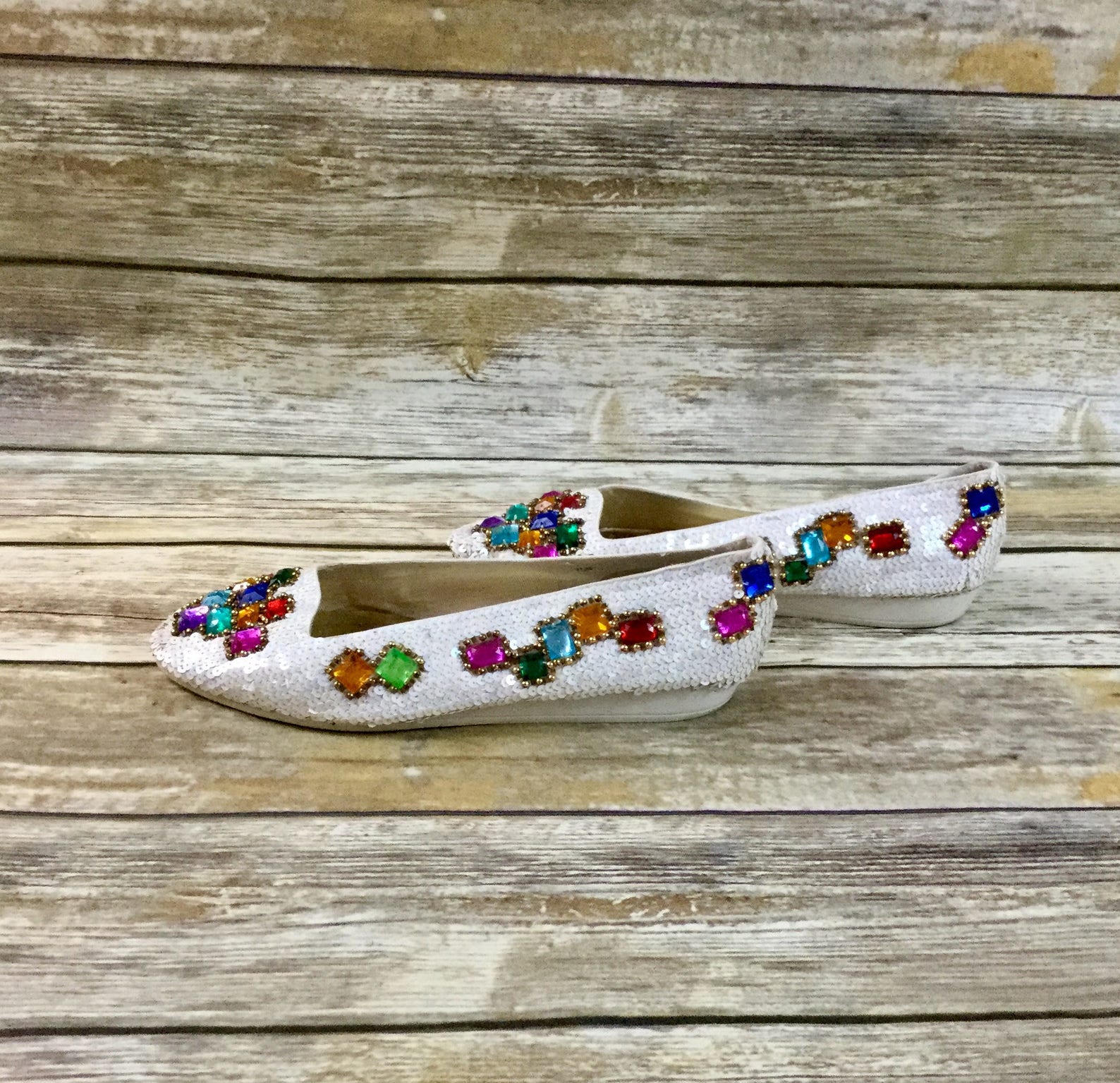 vintage sequin jeweled shoes, caparros us sz 7.5 beaded 1980 ballet flat shoes