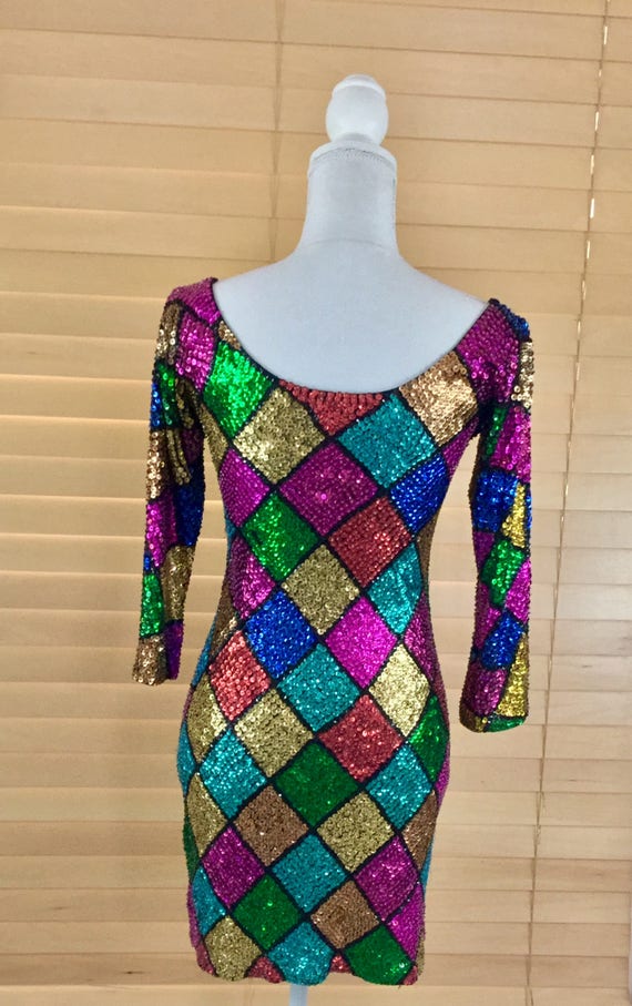 Vintage Rainbow Checkered  Sequins Evening Dress … - image 4
