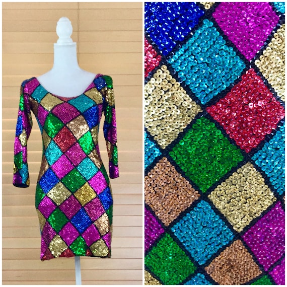 Vintage Rainbow Checkered  Sequins Evening Dress … - image 1
