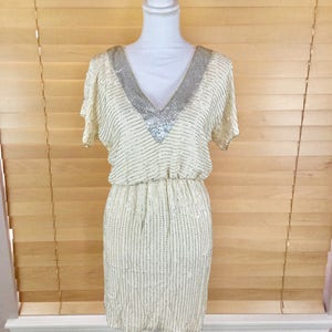 Vintage Inspired Sliver Beaded White V-Neck Striped Dress