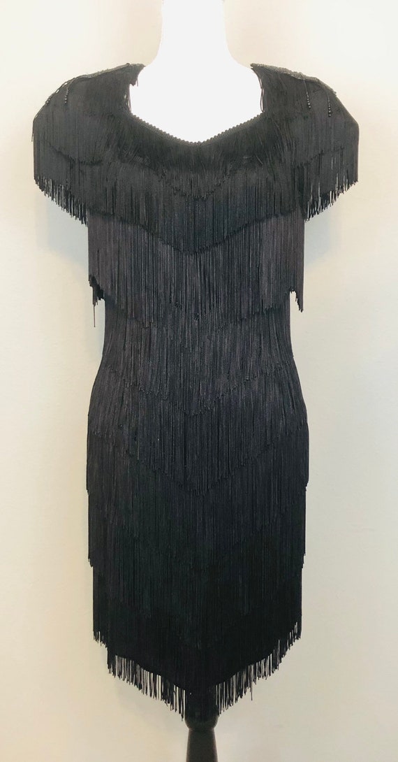 Vintage Petite Black Fringe Cocktail Dress with Se