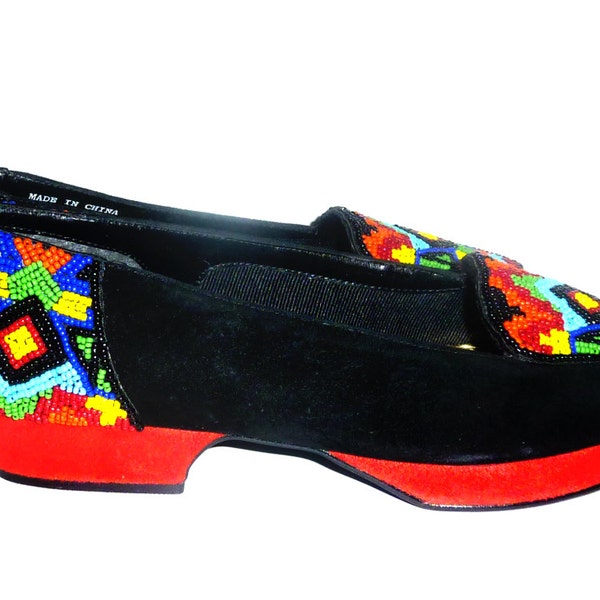 Vintage Beverly Feldman Suede Multicolor Beaded Flats  Frankie and Baby Low Heels Platform Wedge