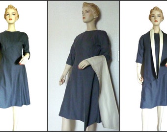 1960's Vintage Charcoal Wool Dress - Gray Wool Dress with Shawl