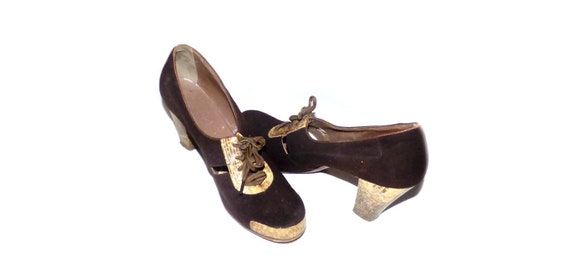 1930's Vintage Women Pumps Snake Leather Suede Lac