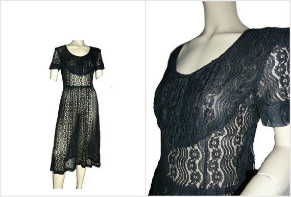 Vintage 1940's Black Chantilly Lace Cocktail Dres