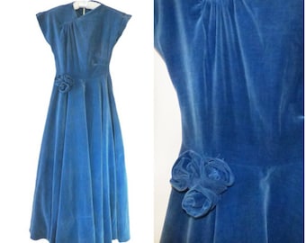 Vintage Velvet Gown Evening Dress Size 4 / 6 Blue Cotton Velvet Ca 1940's