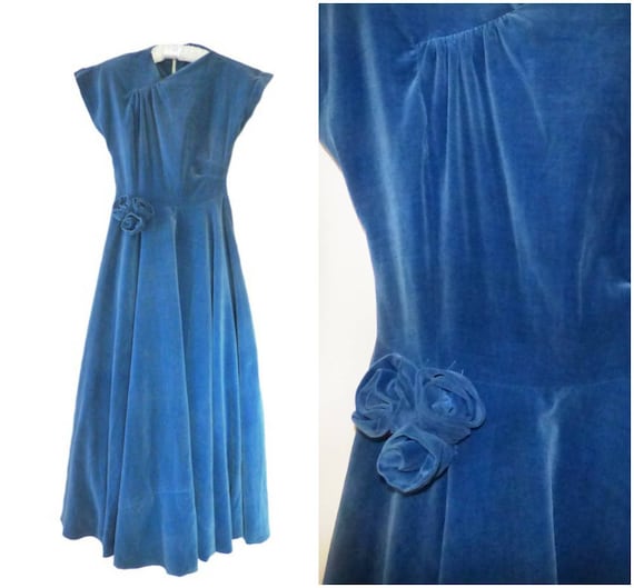 Vintage Velvet Gown Evening Dress Size 4 / 6 Blue… - image 1