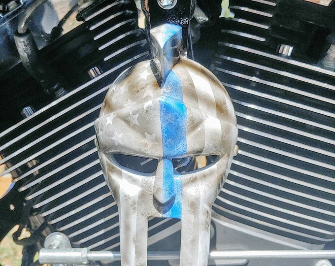 Custom Harley-Davidson horn cover with 3D Thin Blue line spartan helmet